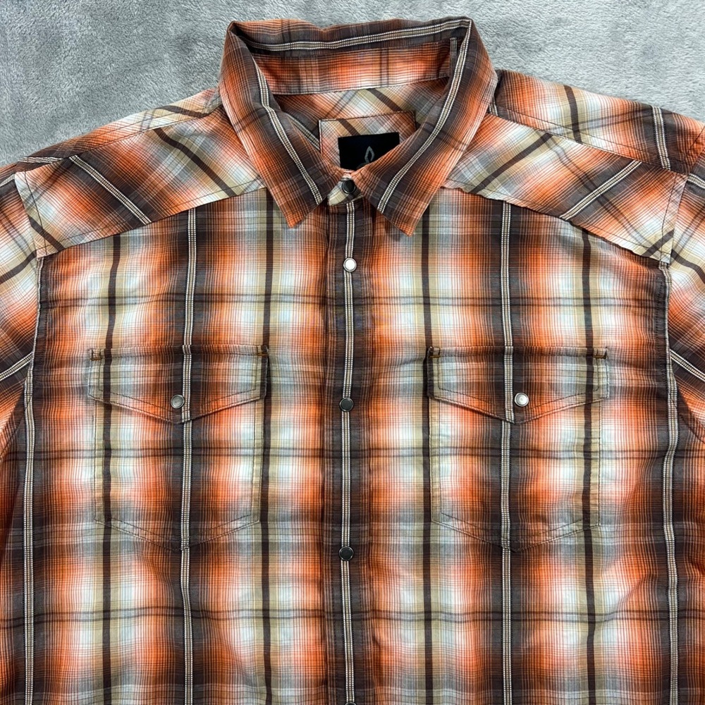 prAna Plaid Snap Button Up Shirt‎ Mens Large Orange Brown M1HOLS115 Western